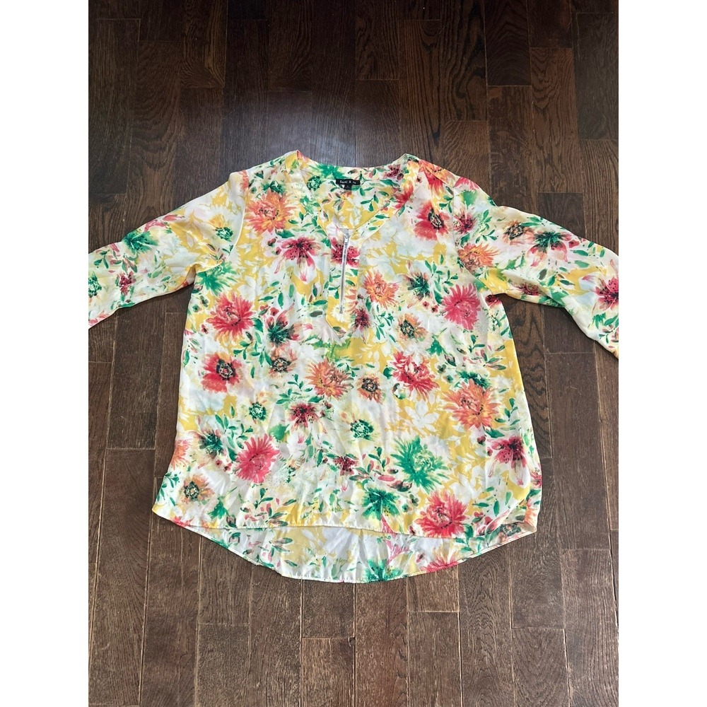 SAMI & JO Floral Tunic Chiffon Tunic Top 1/4 Zip 3/4 Sleeve Fluid Blouse Sz L
